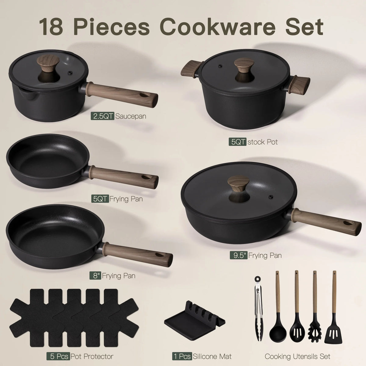 Astercook 18-Piece Pots and Pans Set, Nonstick Cookware Set with Elegant Wooden Handle, Oven Safe to 480��F, Induction Compatible, Kitchen Cooking Set for RV Trips, Camping and Picnic, Black