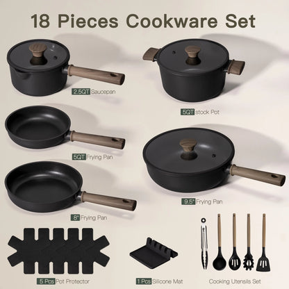 Astercook 18-Piece Pots and Pans Set, Nonstick Cookware Set with Elegant Wooden Handle, Oven Safe to 480��F, Induction Compatible, Kitchen Cooking Set for RV Trips, Camping and Picnic, Black