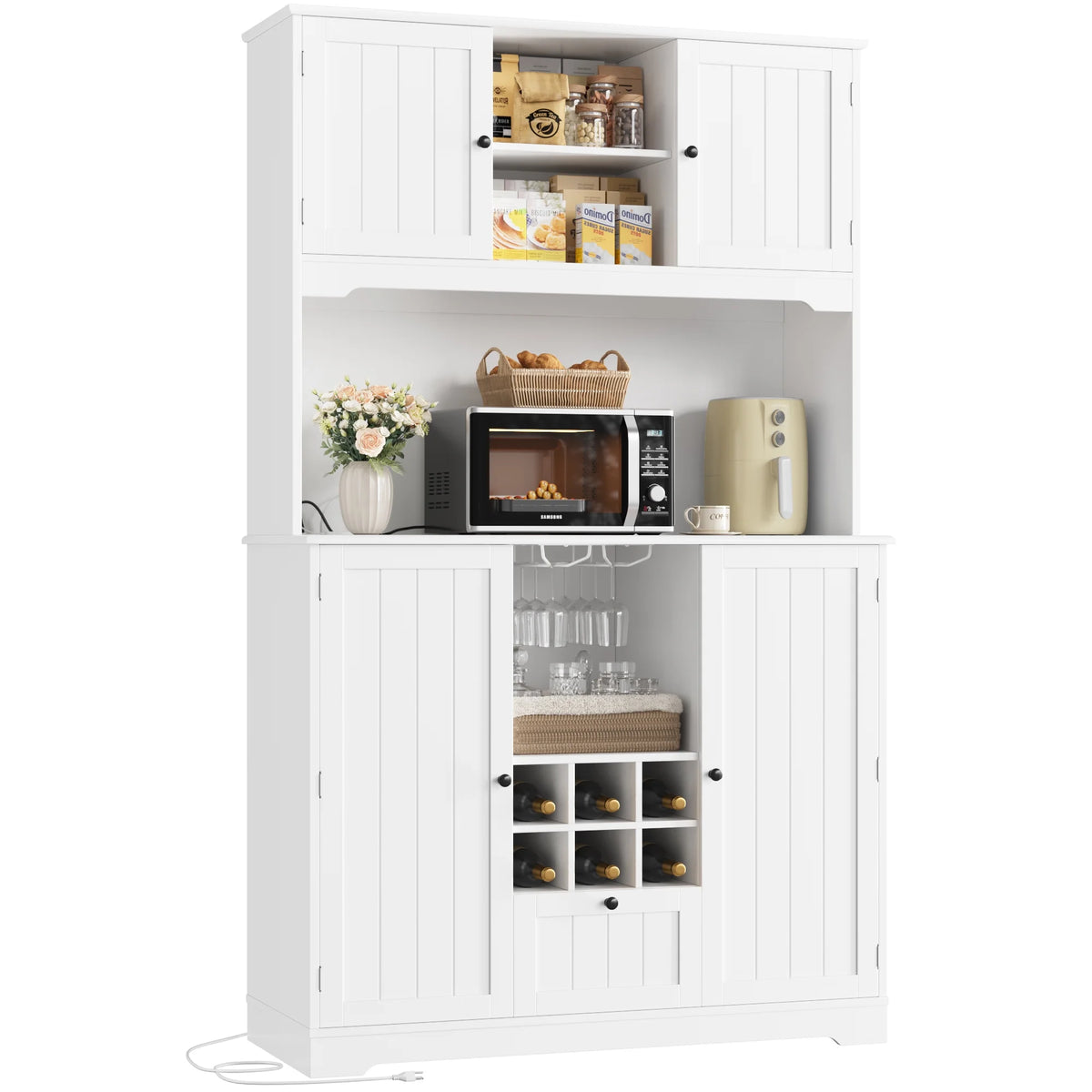 Homfa 71.3'' Kitchen Pantry Storage Cabinet with Charging Station, LED Light Kitchen Hutch Cabinet with Doors and Shelves and Wine Holder, White