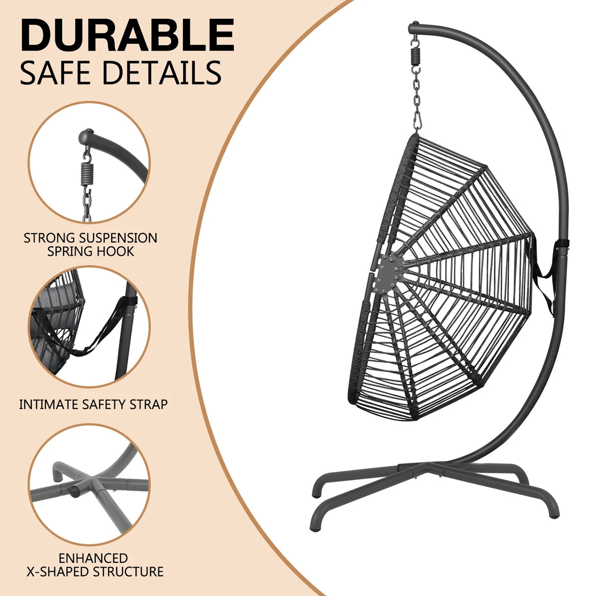 Indoor Outdoor Swing Egg Chair with Stand, Patio Foldable Grey Wicker Rattan Hanging Chair with Cushion, Light Gray