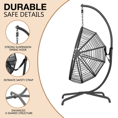 Indoor Outdoor Swing Egg Chair with Stand, Patio Foldable Grey Wicker Rattan Hanging Chair with Cushion, Light Gray