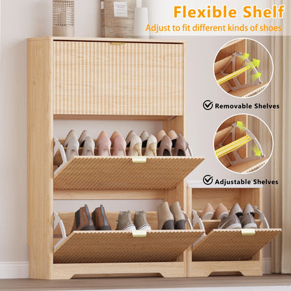 FANRAL Shoe Cabinet with 2 Flip Drawers & Open Storage,Fluted Shoe Storage Cabinet Rack Organizer with Adjustable Shelves for Entryway,Closet,Hallway,White