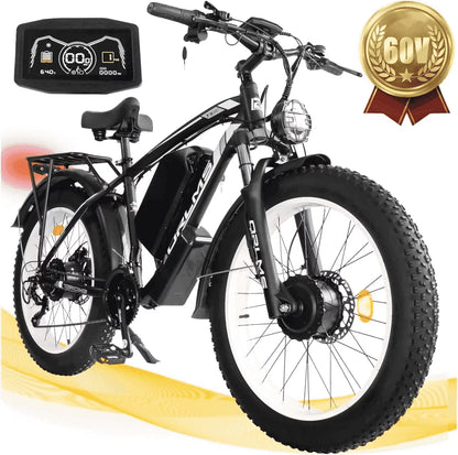 5000W (Peak) Electric-Bike for Adults, 60V 25AH Battery Electric Motorcycle, Dual-Motor-Ebike 50MPH Ebike, 26*4.0 Fat Tire Electric-Bicycle, AWD 21-Speed Mountain Bike for All-Road UL 2849
