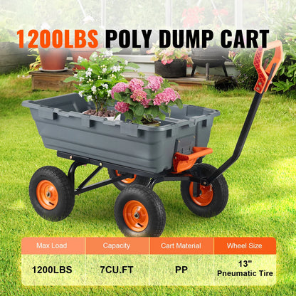 KFFKFF Garden Dump Cart, 35.8x19.5x8.2 in Dump Truck Cart, Max. 600lbs Load Capacity, 10in Rubber Tire, 180�� Adjustable Handle