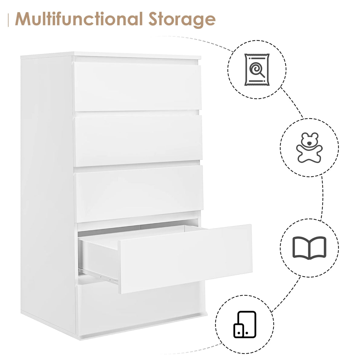 Homfa 5 Drawer White Dresser, Modern Storage Cabinet for Bedroom,Tall Chest of Drawers for Living Room