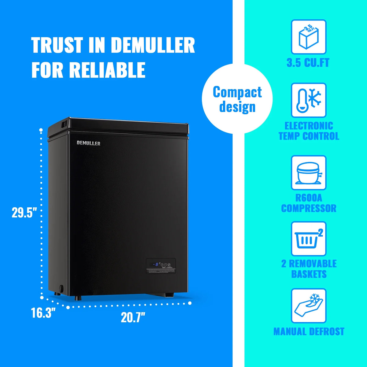 DEMULLER Deep Chest Freezer with 2 Removable Baskets Compact Mini Deep Freezers Stay-Open Lid White