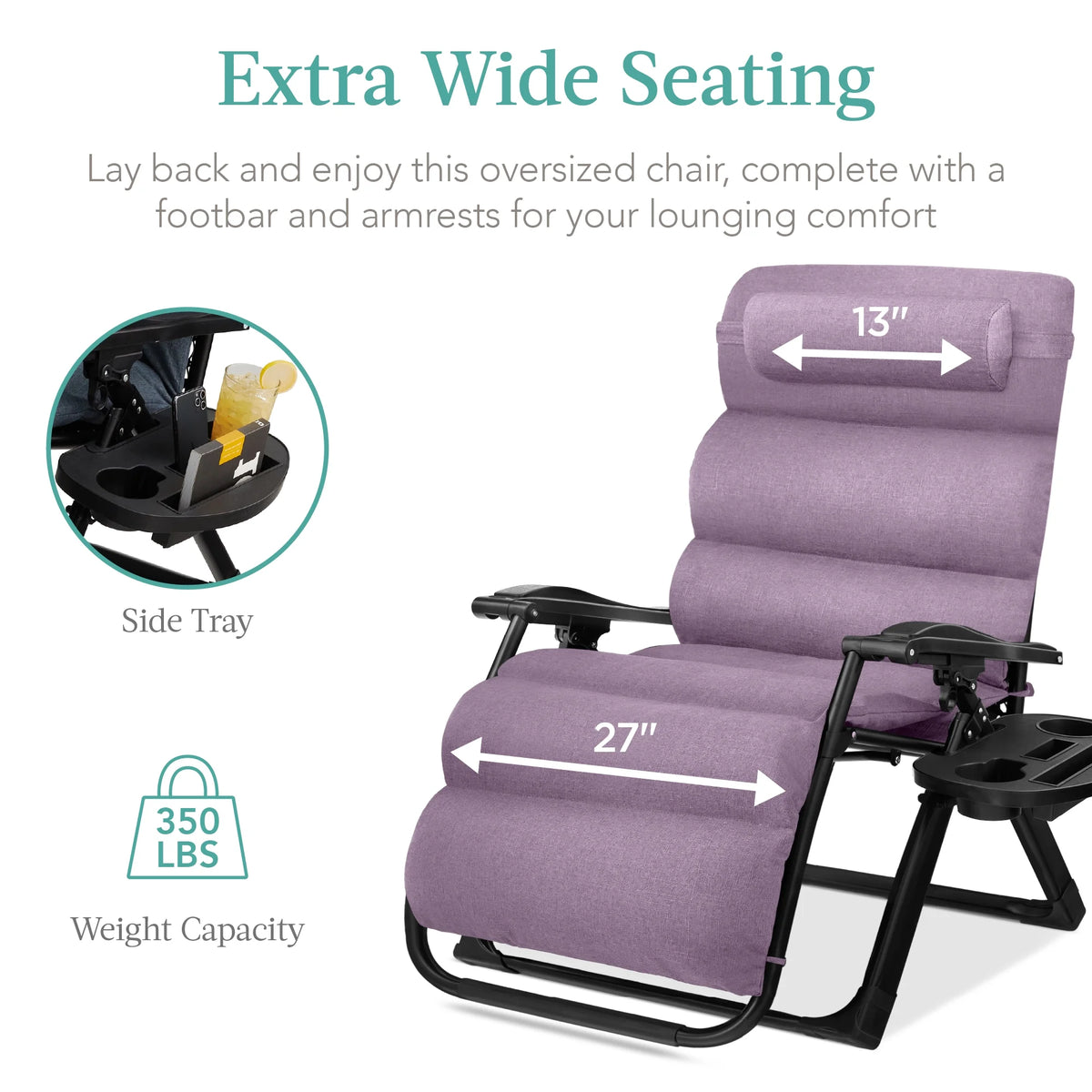 Best Choice Products Oversized Zero Gravity Chair, Folding Recliner w/ Removable Cushion, Side Tray - Fossil Gray