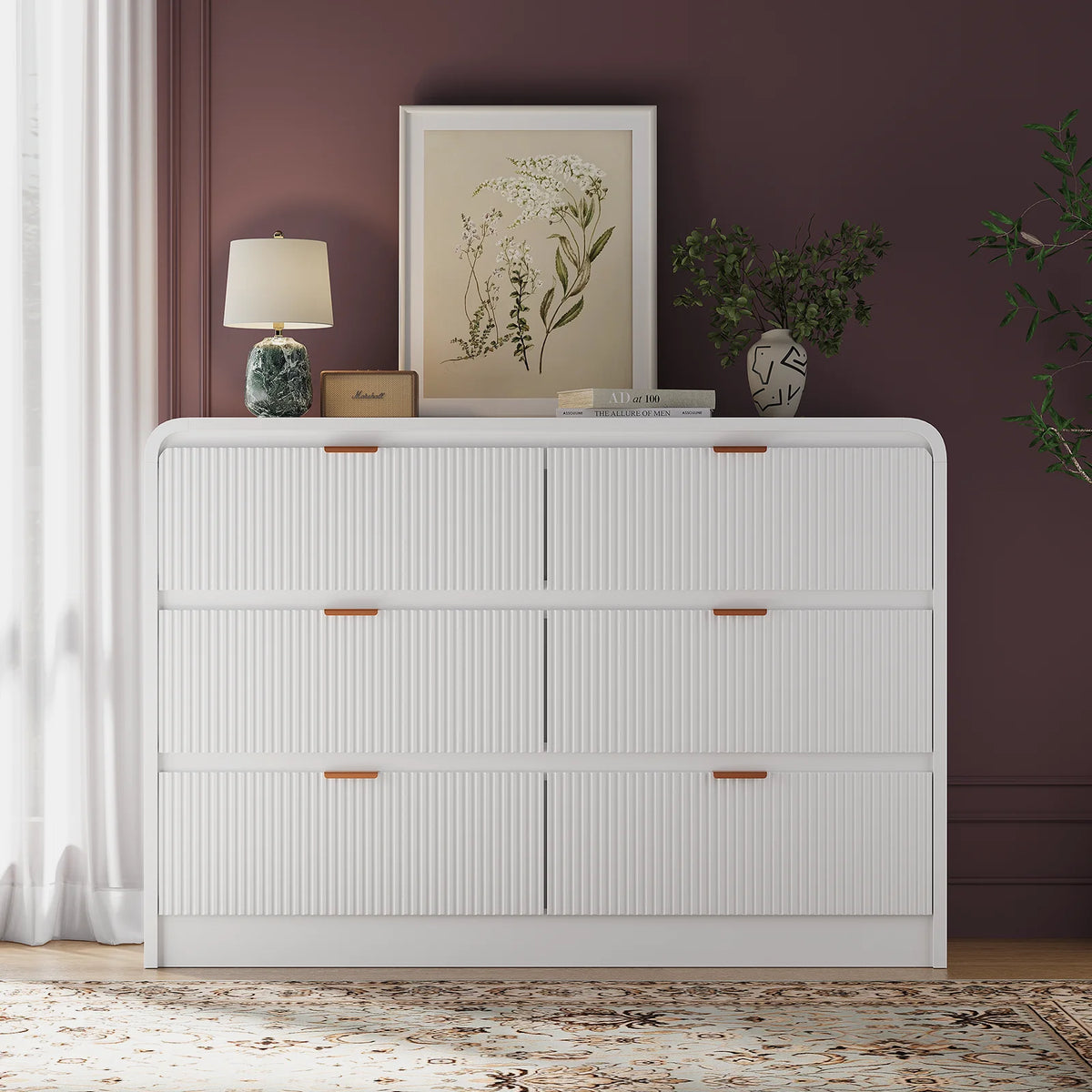 SELOOYE Fluted 5 Drawers Dresser for Bedroom, 47" Tall Modern Dresser Chest of Drawers, Black Accents, Fluted Fronts, Wood Storage Dressers Organizer for Bedroom, Living Room, Natural