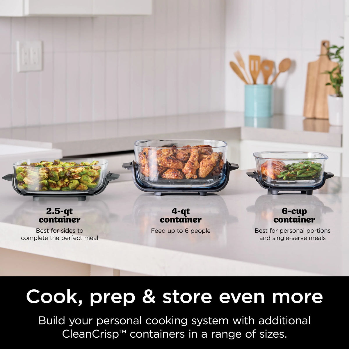 Ninja Crispi 3-in-1 Portable Glass Air Fryer Cooking System, 1500W, 4-Qt & 5-Cup TempWare Glass Containers with Storage Lids, Microwave, Freezer & Dishwasher Safe, White, FN100WH