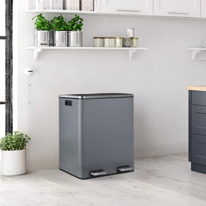 LAZY BUDDY Dual Garbage Can, Stainless Steel 16 Gallon Step Kitchen Trash Can with Soft-Close Lid, Double Compartment Garbage Recycling Bin