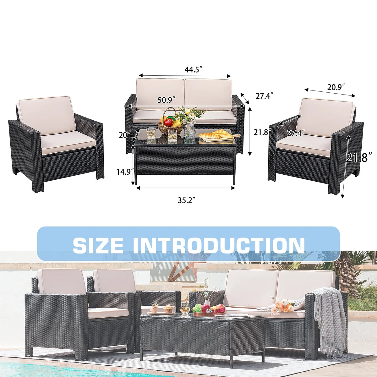 Lacoo 4 Pieces Patio Furniture Sets Rattan Chair Wicker Conversation Sofa Set Outdoor Tble and Chairs for Backyard Porch Garden Poolside Balcony, White