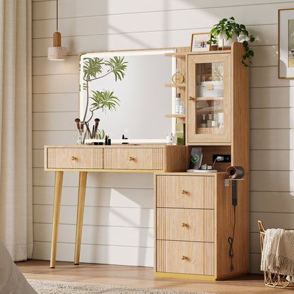 Linsy Home Large 47.2" Makeup Vanity With Mirror And 11 Lights, Glass Top Vanity Desk with 9 Drawers & 2 Adjustable Cabinets, Dressing Table with Charging Station & Hair Dryer Rack For Bedroom, White
