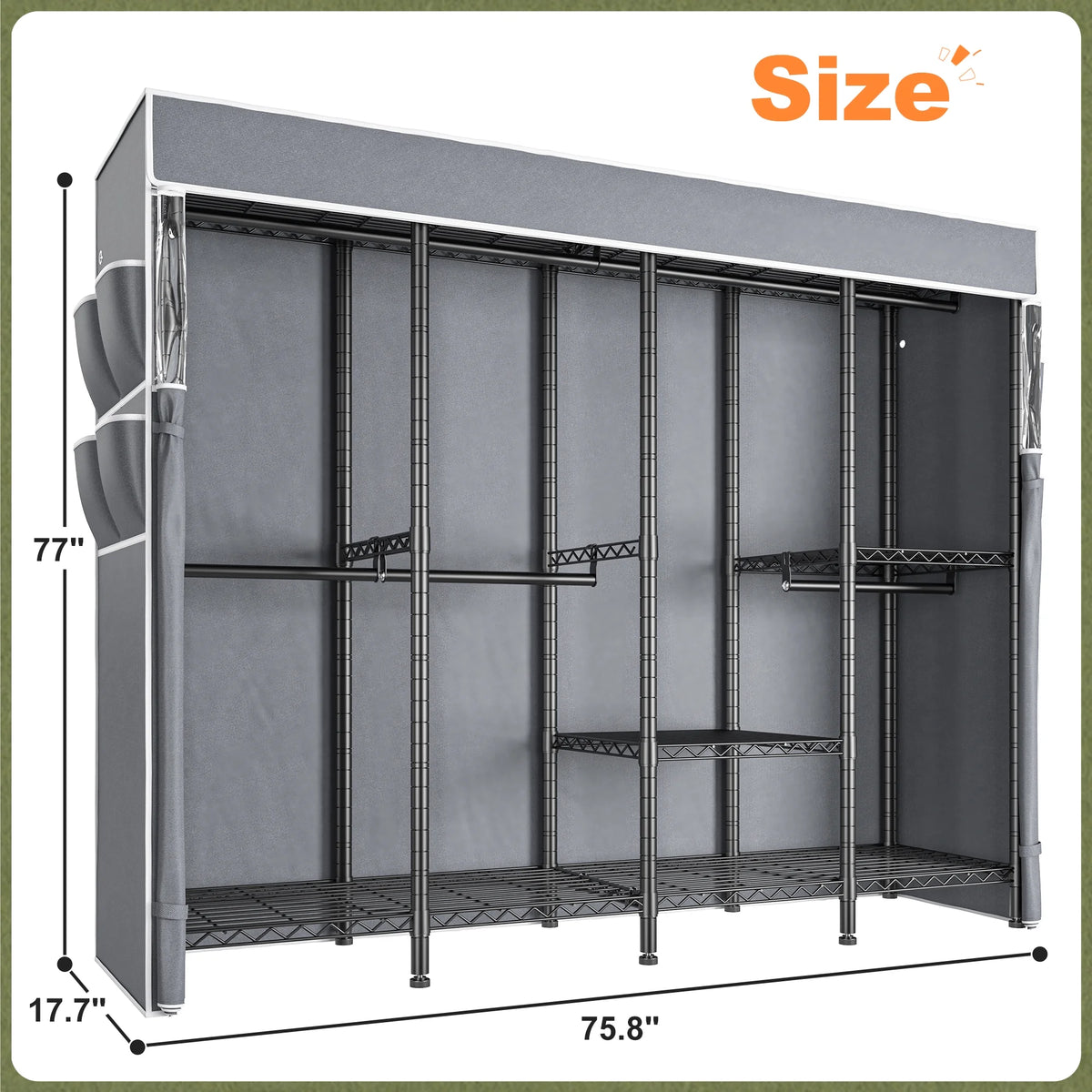 EnHomee 76"W Clothes Rack with Cover,1100LBS Heavy Duty Wardrobe Closet Organizer,Adjustable Portable Closet��Black