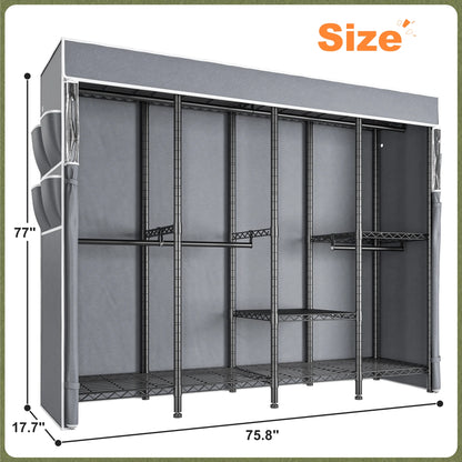 EnHomee 76"W Clothes Rack with Cover,1100LBS Heavy Duty Wardrobe Closet Organizer,Adjustable Portable Closet��Black