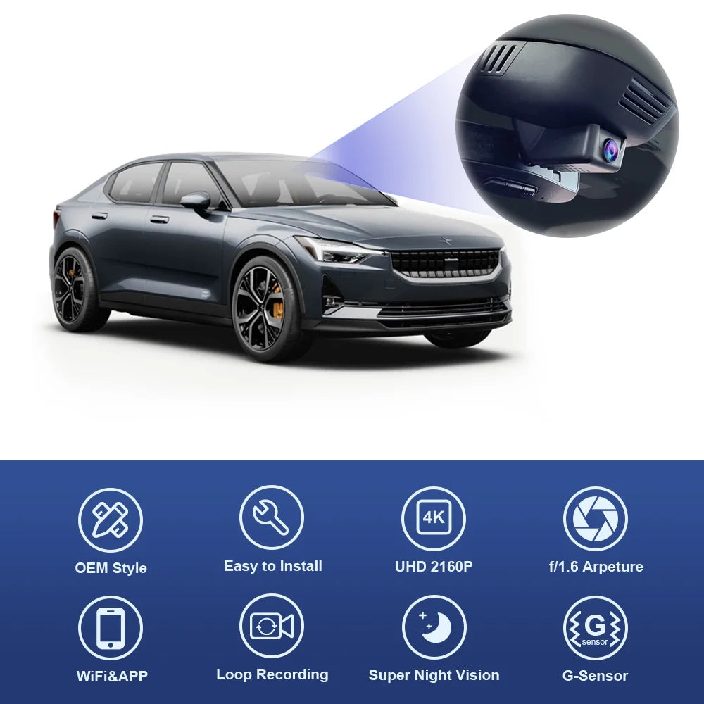 Fitcamx 4K Dash Cam Compatible with Polestar 2 2021 2022 2023 2024, Integrated OEM Style, Ultra HD 2160P Video, Built-in WiFi & APP, Plug & Play, 64GB Card