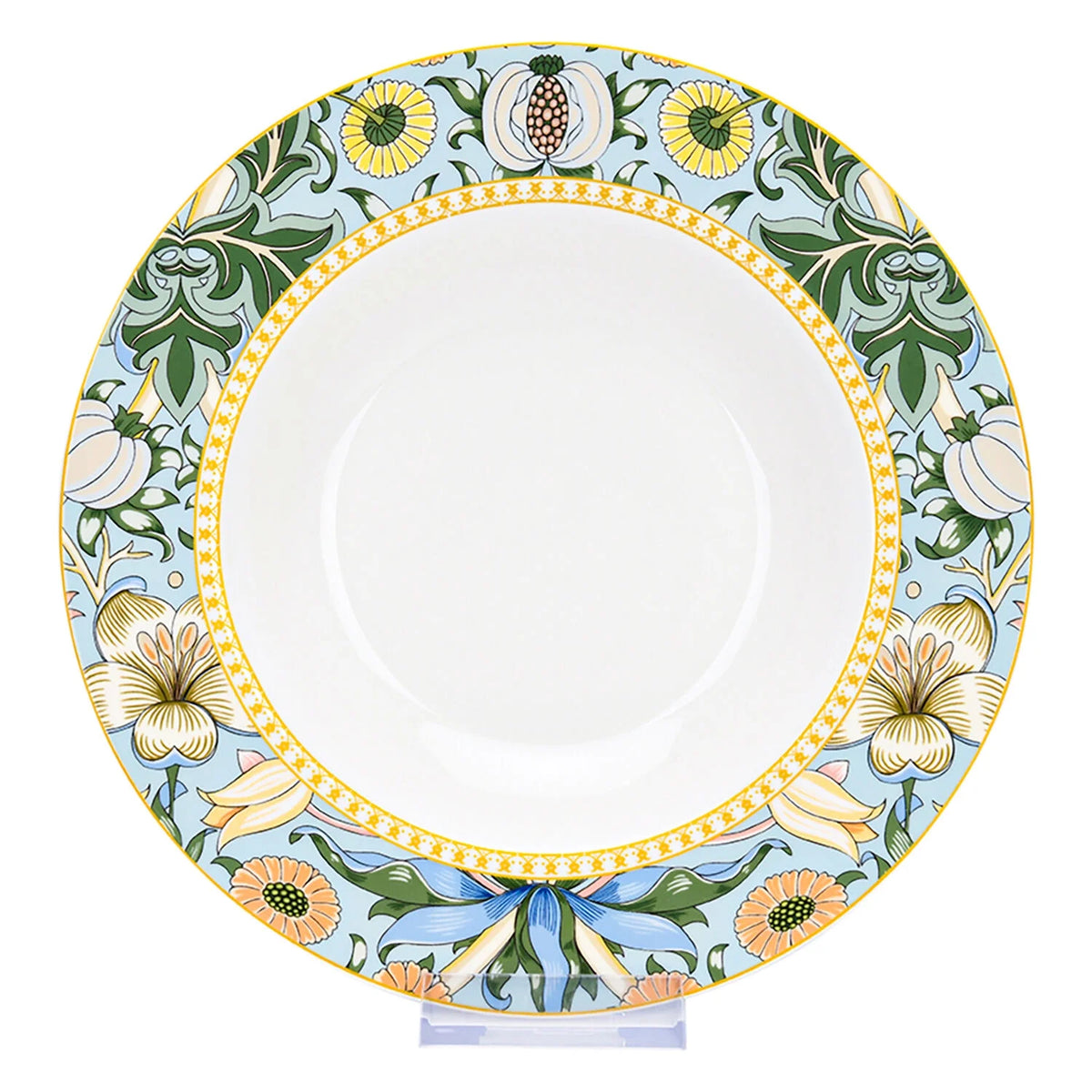 STP GOODS Melodie de Fleurs Bone China Dinnerware Set of 24 Service for 6 24-Piece Dish Set of Plates and Bowls, Blue Gold White