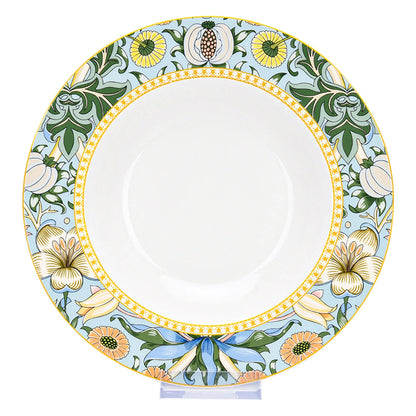 STP GOODS Melodie de Fleurs Bone China Dinnerware Set of 24 Service for 6 24-Piece Dish Set of Plates and Bowls, Blue Gold White