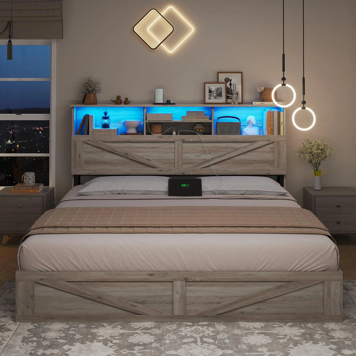 Twin Bed Frame with 4 Storage Drawers and Charging Station, Farmhouse Wooden Led Twin Bed with Storage Hidden Space Headboard and Metal Slats, Gray