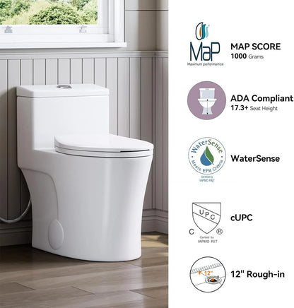 HOROW Compact One Piece Toilet with Comfort Seat ADA Height 17.3" Elongated Dual Flush 0.8/1.28 GPF