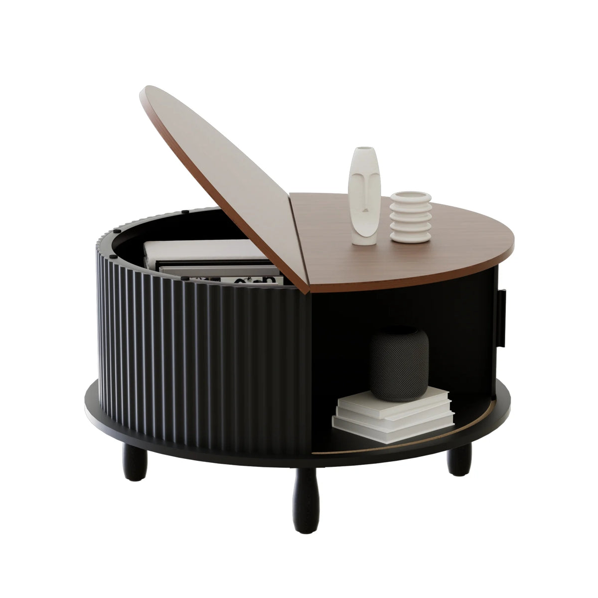 RUMLIVE Round Coffee Table with Storage, 30.7" Modern Coffee Table with 360�� Curved Sliding Door, Fluted Wood Coffee Table with Footpads, Round Center Table for Living Room, Black