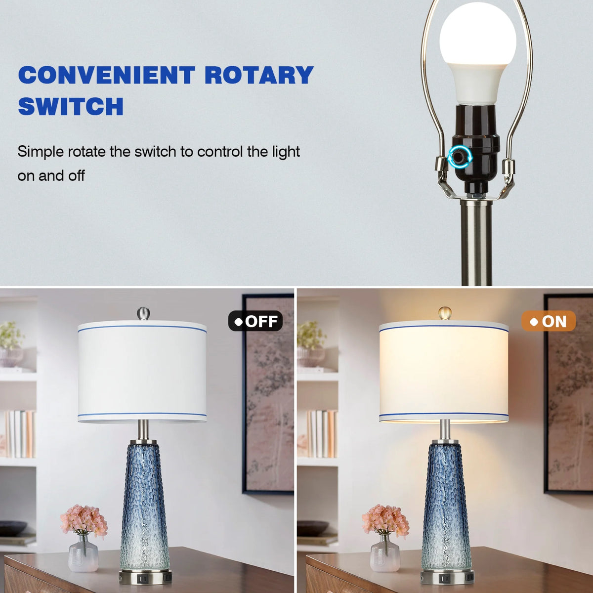 Cinkeda Modern Table Lamp Set of 2 for Bedroom Living Room with USB A+C Ports AC Outlet Gradient Grey Glass Nightlight Nightstand Bedside Lamps