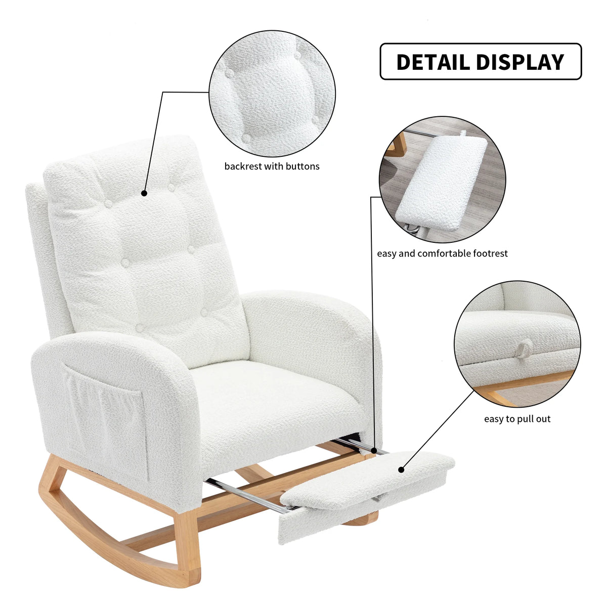 Modern Accent Rocking Chair with Pull-out Footrest,Nursery Glider Chair with Solid Wood Legs & Side Pocket,Upholstered Lounge Chair with High Backrest,White