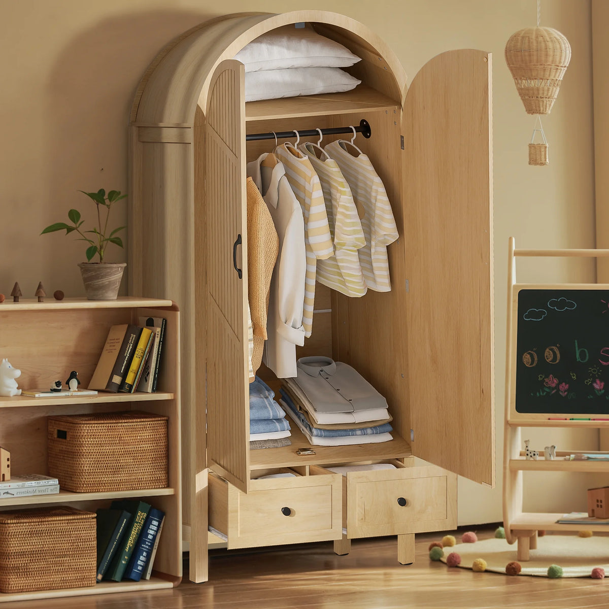 Oubayajia Arched Armoire Wardrobe Closet with Fluted Doors, Wooden Wardrobe Closet with Drawers, Shelves and Hanging Rod for Bedroom