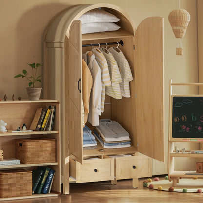 Oubayajia Arched Armoire Wardrobe Closet with Fluted Doors, Wooden Wardrobe Closet with Drawers, Shelves and Hanging Rod for Bedroom
