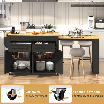 ANPOO Large Kitchen Island with Extendable Dining Table and Power Outlet, Rolling Kitchen Island Cart on Wheels with 2 Storage Cabinets & 2 Drawers & 3 Spice Racks, Island Table for Kitchen