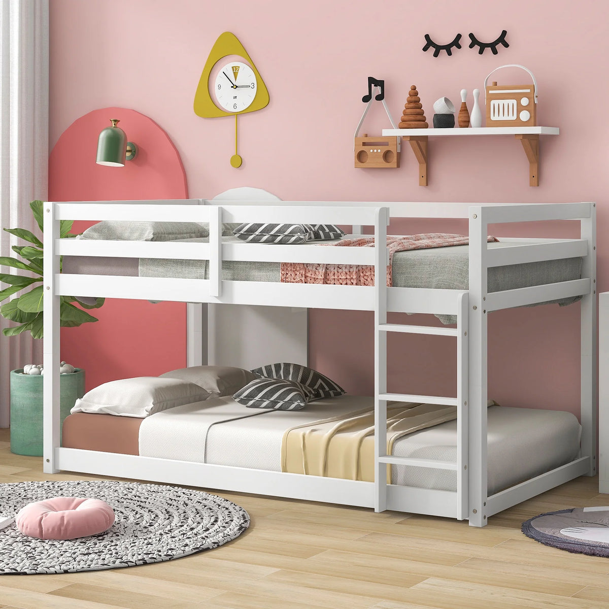 Twin Over Twin Floor Bunk Bed, UHOMEPRO Solid Wood Low Bunk Bed with Safety Rail, Ladder, Heavy Duty Bunk Beds, Space-Saving Bedroom Dorm Furniture, Gray