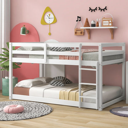 Twin Over Twin Floor Bunk Bed, UHOMEPRO Solid Wood Low Bunk Bed with Safety Rail, Ladder, Heavy Duty Bunk Beds, Space-Saving Bedroom Dorm Furniture, Gray