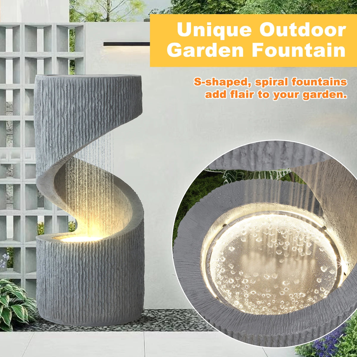 Magic Union Outdoor S-Shaped Water Fountain, Spiral Waterfall Indoor Fountain Outside Garden Decor with LED Lights & Pump, Curved Patio Resin Fountains for Yard, Deck, Porch and Home Decorations