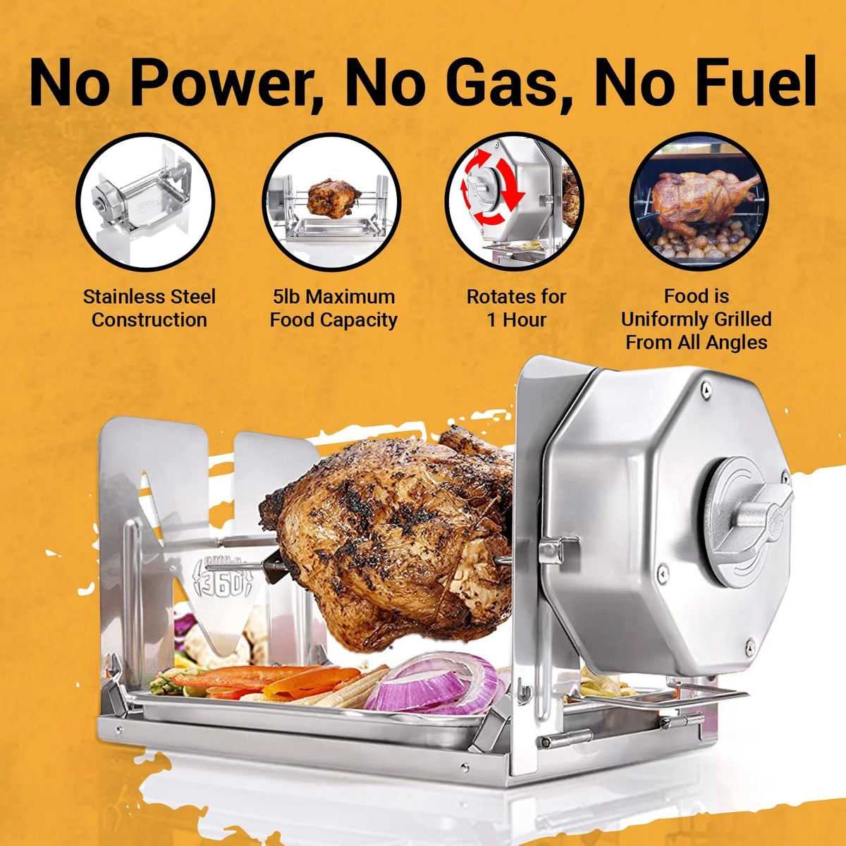 ROTO-Q 360 Cordless Stainless Steel Rotisserie Kit - Non-Electric for Grills, Ovens, BBQ, Smokers - Indoor/Outdoor