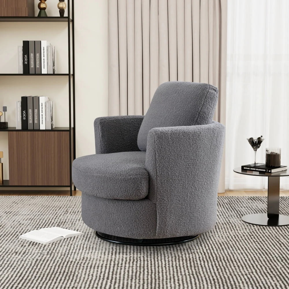 CCBUY 31.9"W Swivel Barrel Chair, Swivel Accent Chair Sherpa Chair with Plump Pillow, Comfy Round Accent Chair for Living Room, Swivel Round Chair with Detachable Cushion, Gray