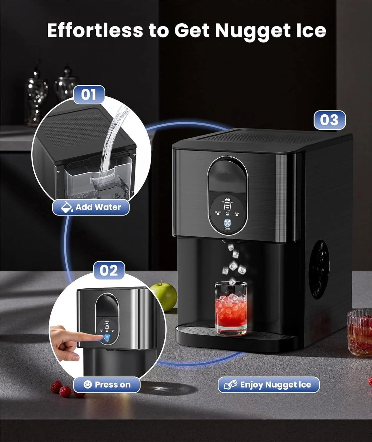 Moifoi Nugget Ice Maker,Culb in 6Mins, 44 lbs/24 H, Auto-Cleaning Portable Ice Machine with Basket & Scoop, Black