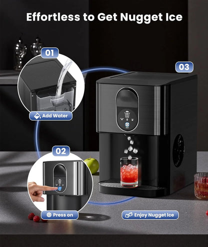 Moifoi Nugget Ice Maker,Culb in 6Mins, 44 lbs/24 H, Auto-Cleaning Portable Ice Machine with Basket & Scoop, Black