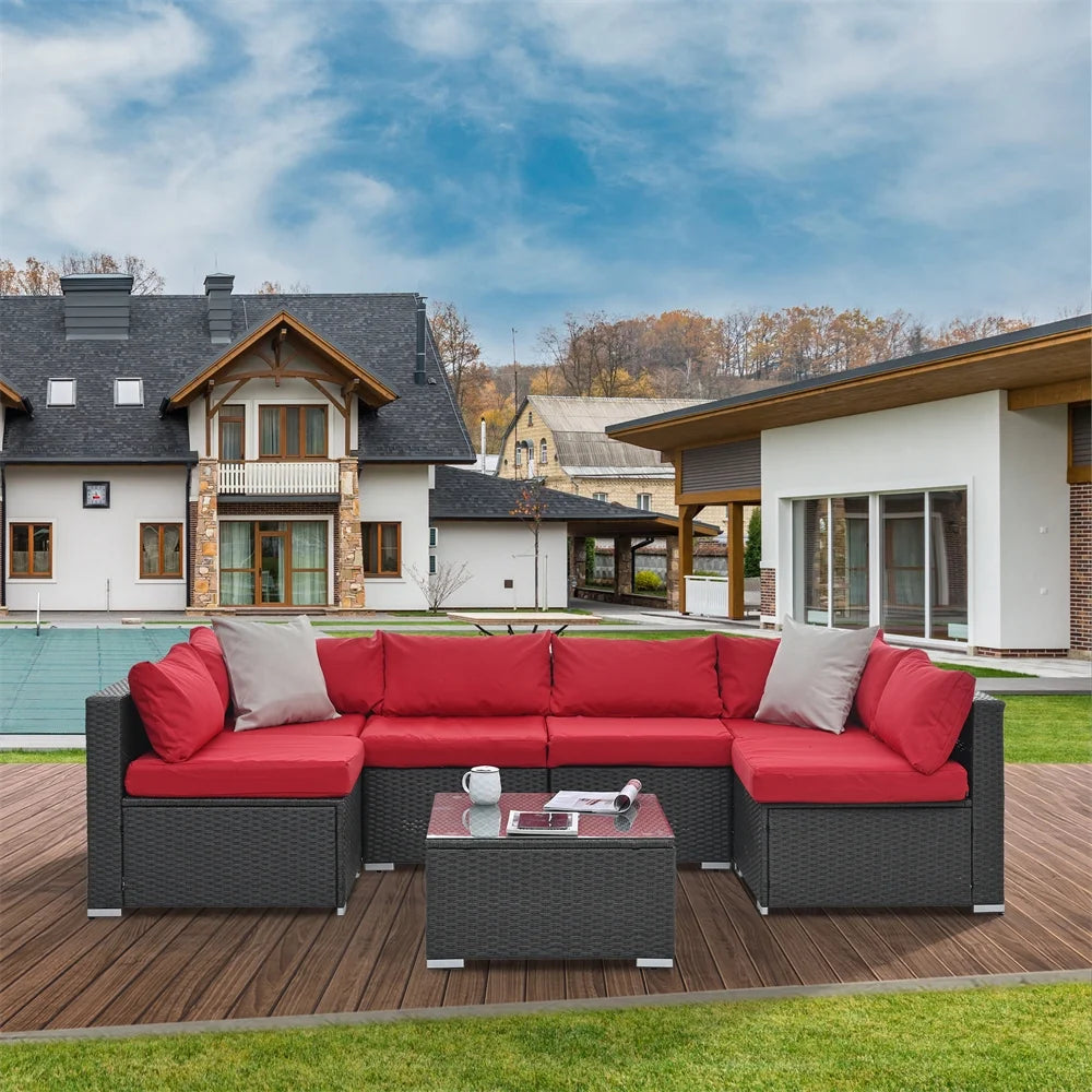 7 Pieces Outdoor Patio Furniture Set, Outdoor Sectional Rattan Sofa, PE Manual Weaving Wicker Patio Conversation Set with Cushion, Glass Table, Pillow, Dark Gray