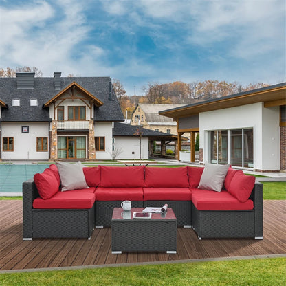 7 Pieces Outdoor Patio Furniture Set, Outdoor Sectional Rattan Sofa, PE Manual Weaving Wicker Patio Conversation Set with Cushion, Glass Table, Pillow, Dark Gray