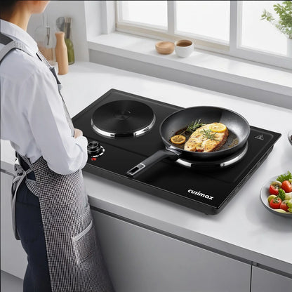 CUSIMAX 1800W Portable Double Burner Hot Plate �?Stainless Steel Countertop Electric Cooktop with Dual Cast Iron Heating Plates, Easy-to-Clean Silver Design, Upgraded Version
