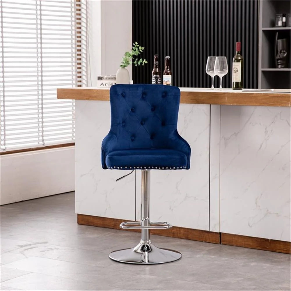 Alexent  2PCS Swivel Bar Stools, High Back, Button Tufted, Silver Footrest and Nailhead Trim Swivel Bar Chairs for Kitchen, Bar Velvet Upholstered Bar Stools, Dark Blue