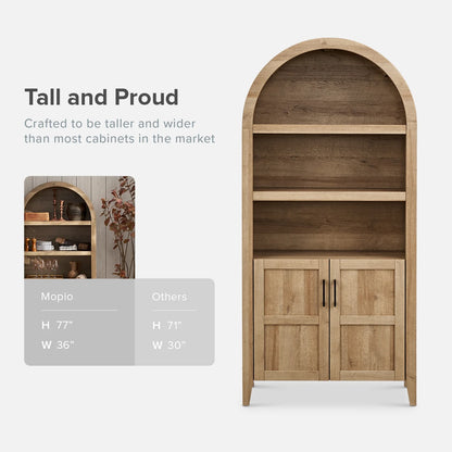 mopio Lauren 65.4" Arched Cabinet, 5-Tier Arched Bookcase with Doors and Shelves, Arched Bookshelf with Storage, Kitchen Pantry Cabinet, Wooden Storage Cabinet for Living Room, Kitchen (Oak)