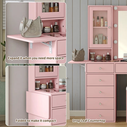 Vanity With Power Outlet, Vanity Desk With Mirror And 10 LED Lights, Makeup Vanity With 12 Drawers And 2 Cabinets, Fold-Up Panel, Glass Top Vanity Table With Chair For Bedroom