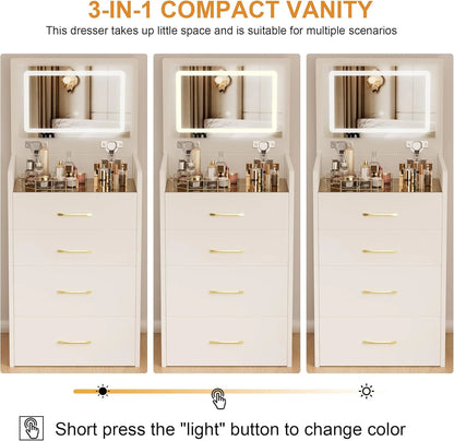 Montary Modern Mini Vanity w/Adjustable LED Mirror + Hidden Storage, Padded Stool & Dustproof Shelves (White)