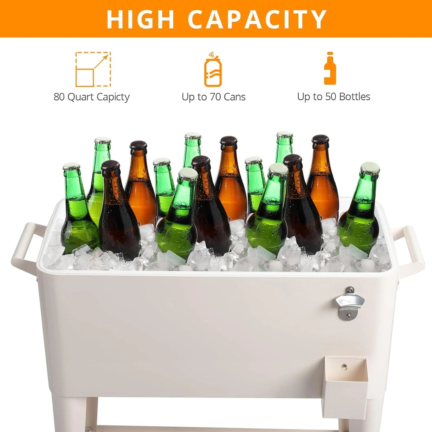 80 Quart Rolling Ice Chest, Portable Bar Drink Cooler with Catch Basin, Bottom Storage Tray and Bottle Opener for Patio Party BBQ Beach Activities
