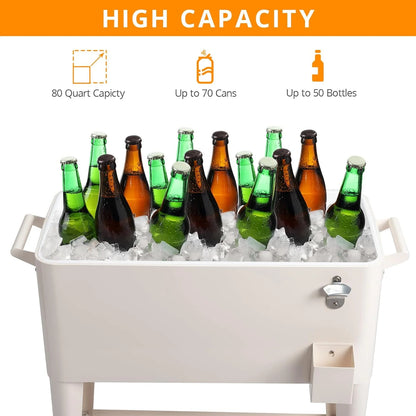 80 Quart Rolling Ice Chest, Portable Bar Drink Cooler with Catch Basin, Bottom Storage Tray and Bottle Opener for Patio Party BBQ Beach Activities