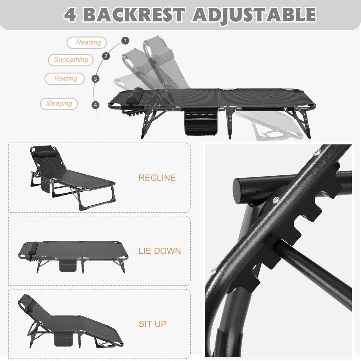 MOPHOTO Lounge Chair with Mattress, Outdoor Chaise Lounge Support 440 Lbs, Adjustable Portable Heavy Duty Sleeping Cots Bed for Camping, Pool, Beach, Patio