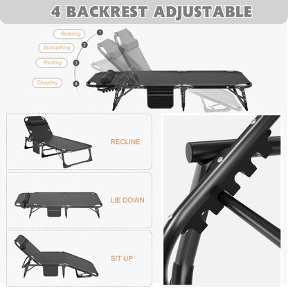 MOPHOTO Lounge Chair with Mattress, Outdoor Chaise Lounge Support 440 Lbs, Adjustable Portable Heavy Duty Sleeping Cots Bed for Camping, Pool, Beach, Patio