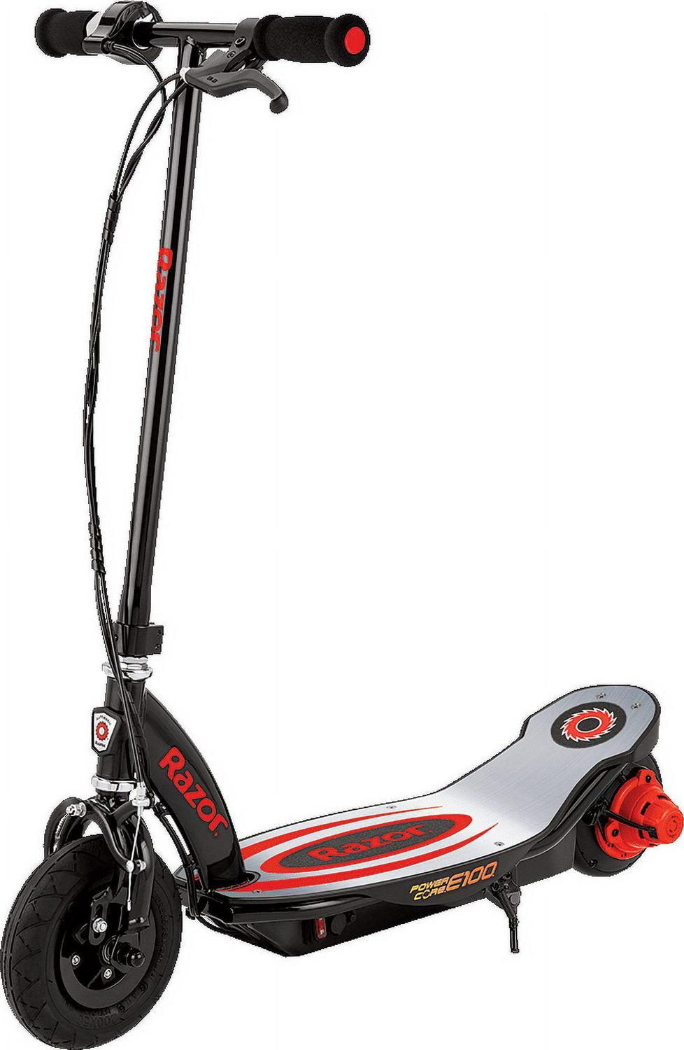 Razor Power Core E100 Electric Scooter with Aluminum Deck - Red. Ages 8+ and Up to 120 lb. 8″ Pneumatic Front Tire. Up to 11 mph and Up to 60 Mins of Ride Time. 100W Hub Motor. Unisex