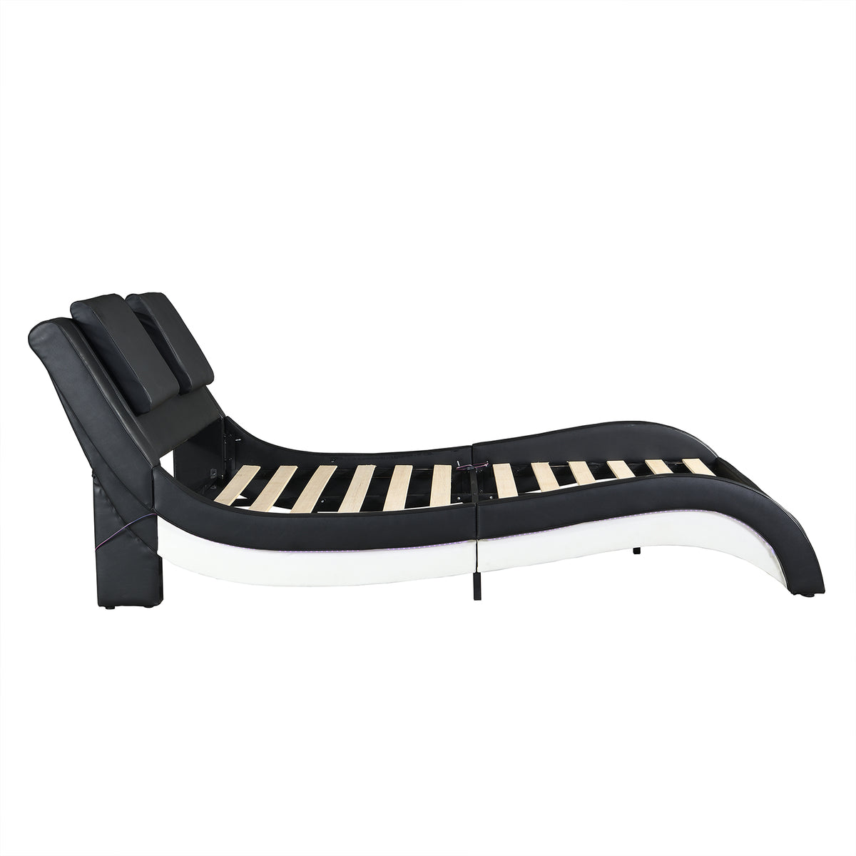 OYang King Size Platform Bed Frame wth LED Light And USB Charging Ports Headboard, Wave-Like Curve Backrest Vibration Massage Upholstered Faux Leather Bed for Home