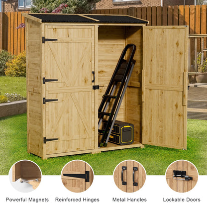63.2" Outdoor Storage Cabinet, Lofka  Lockable Doors Garden shed with Adjustable Shelves| Asphalt Roof| Ventilate Shutter, Wood Shed with Large Storage Space, Waterproof Roof for Garden, Natural